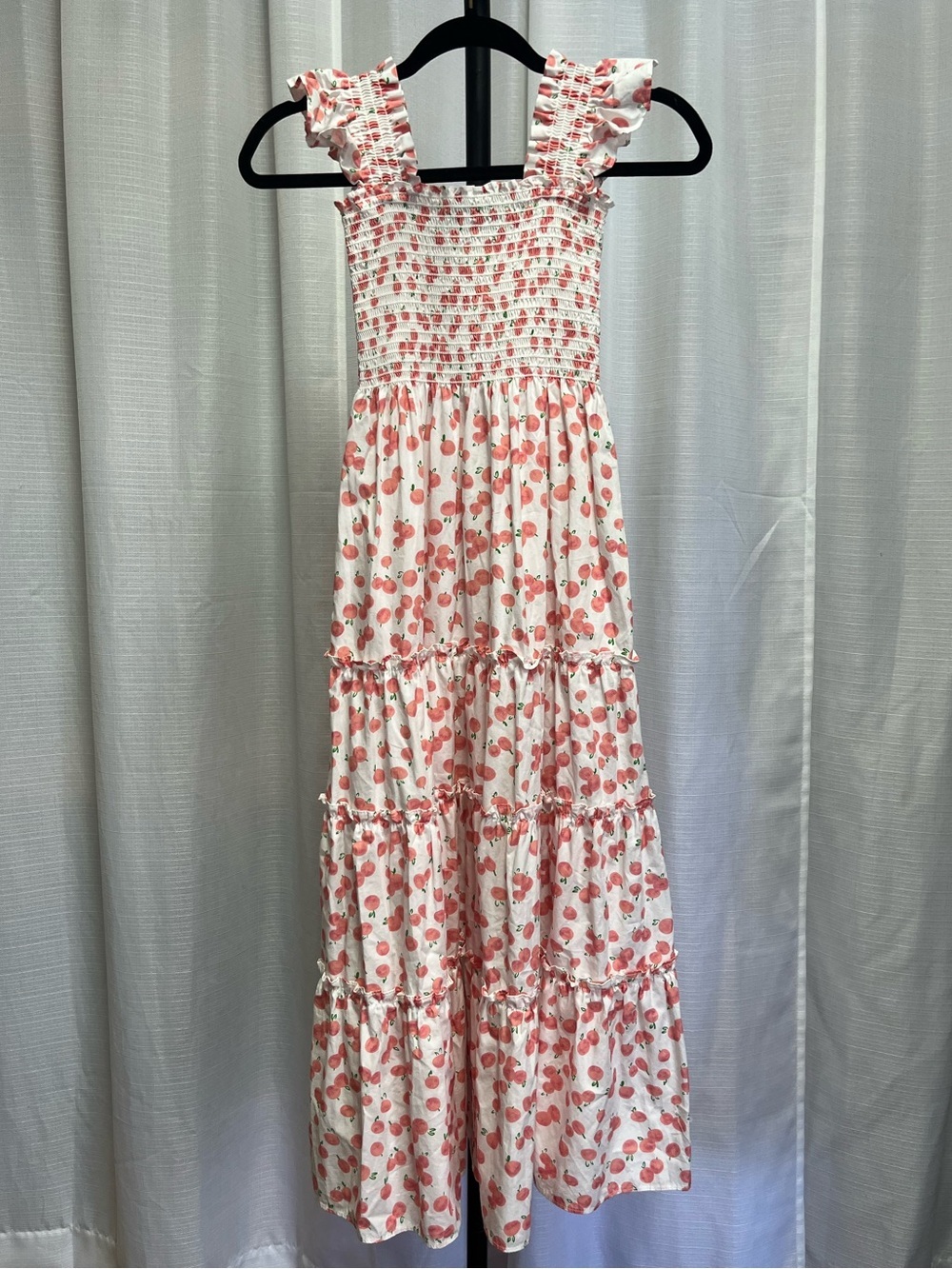 Kourt Calypso Cherry Print Smocked Square Neck Tiered Midi Dress | size XS
